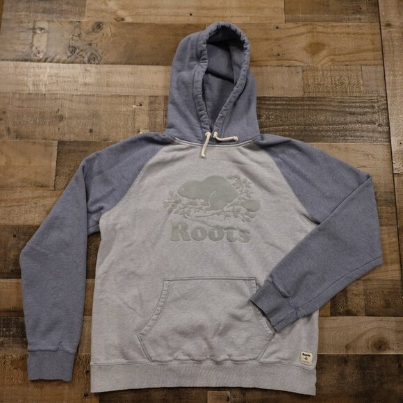 Roots Other - Roots Flocked Beaver Logo Hoodie Light Gray & Blue Raglan Size XL Unisex